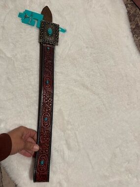 Tooled Brown Leather Belt with Turquoise Accent and Decorative Buckle